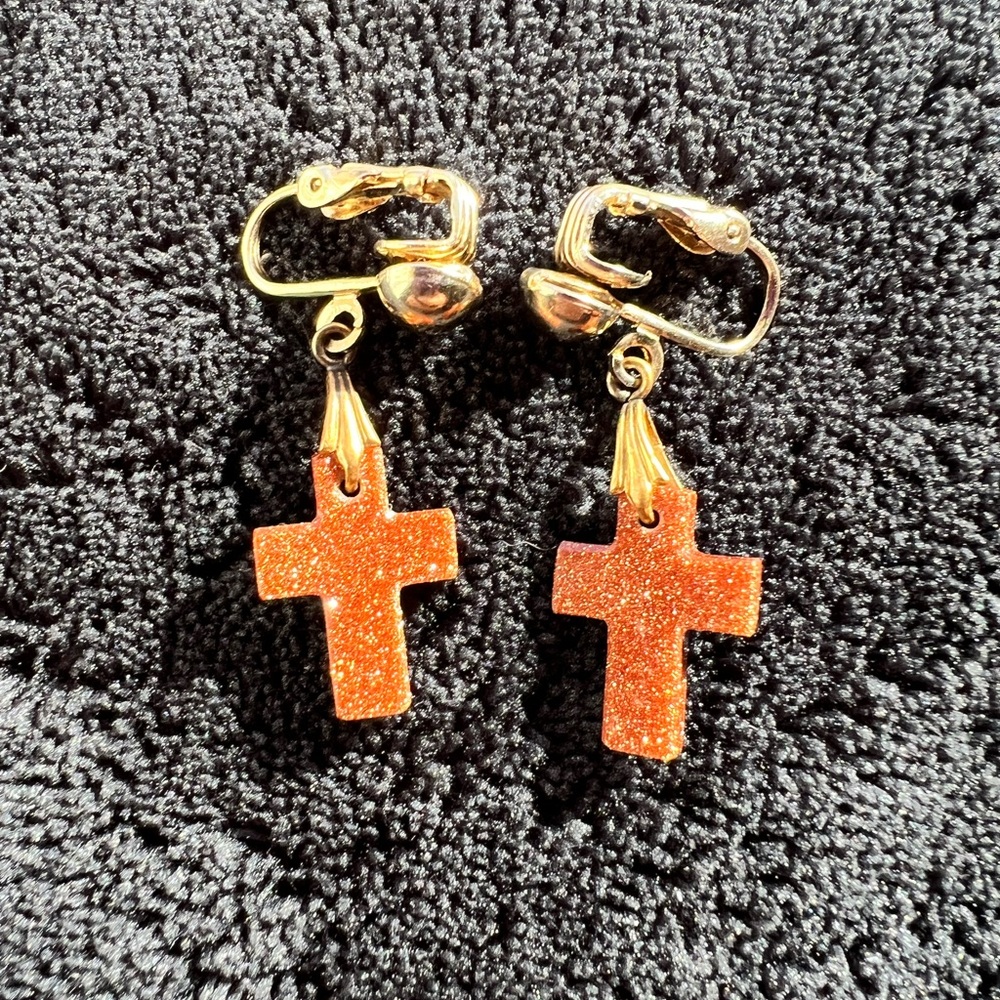Brown Goldstone, Gemstone Cross, Clip on Earrings